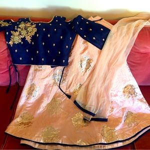 Little girl lehenga, top, and scarf.  Royal blue and peach